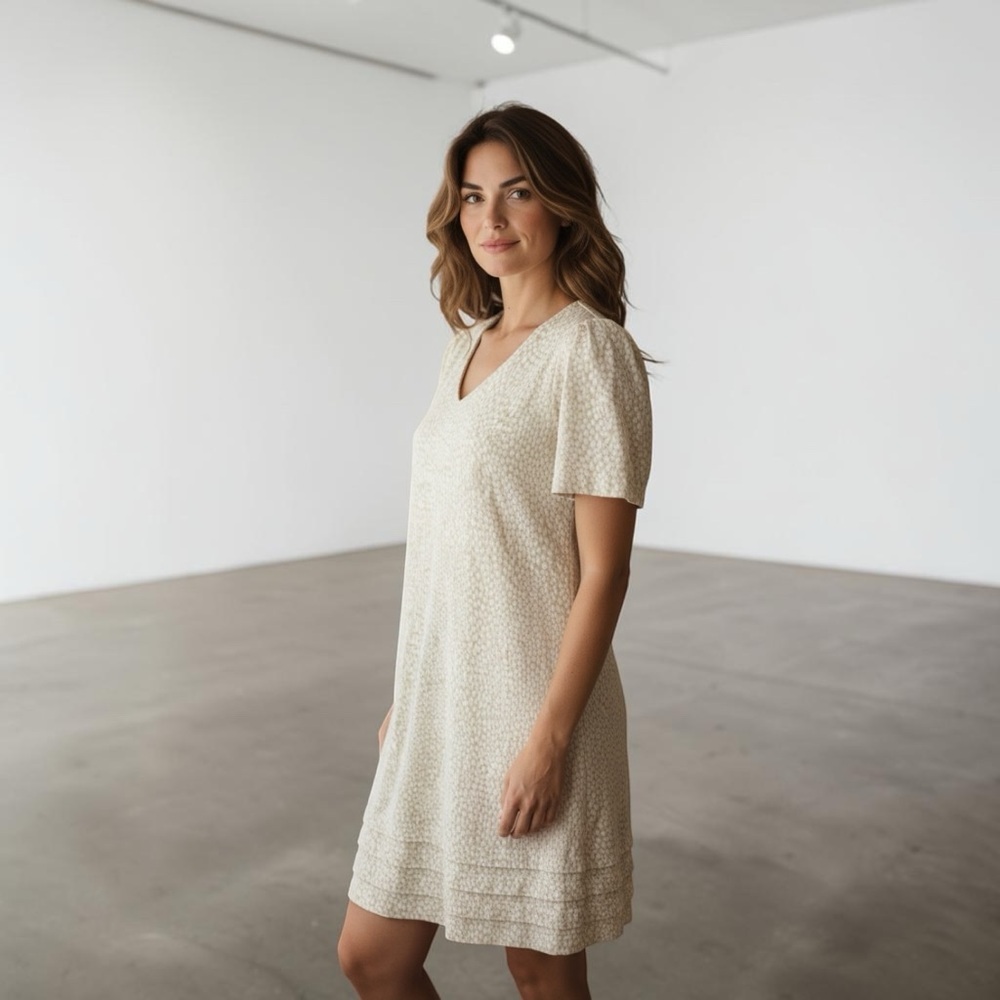 Nicole‎ Miller Linen Blend Animal Print V Neck Shift Dress Size S Tan Neutral